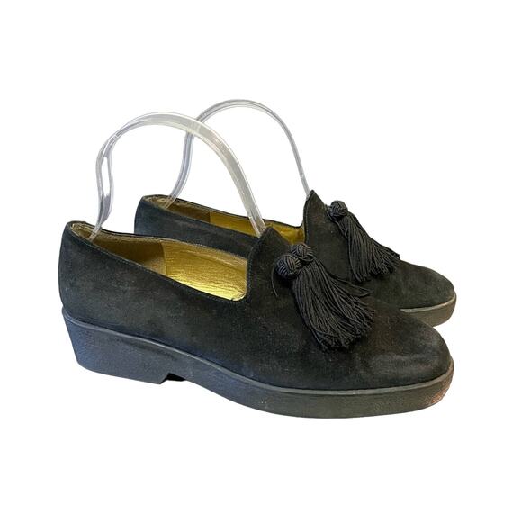 Stuart Weitzman Black Leather Loafer Tassels Sz 7 Slip On Suede Shoe Pumps - Picture 1 of 11
